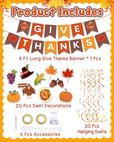 Kidific 45 Pcs Thanksgiving Decorations, GIVE THANKS Banner with Hanging Swirls for Indoor Wall, Friendsgiving Decorations for Party Office Home Classroom