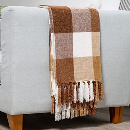 RECYCO Buffalo Plaid Chenille Throw Blanket, 50"x60", Brown Off White - color: Plaid Brown Off White, size: 50'' X 60''