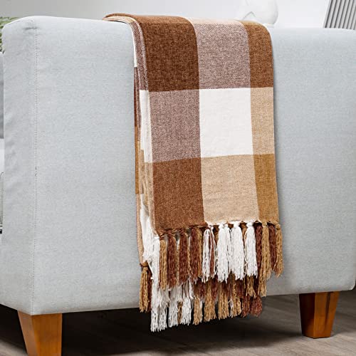 RECYCO Buffalo Plaid Chenille Throw Blanket, 50"x60", Brown Off White - color: Plaid Brown Off White, size: 50'' X 60''