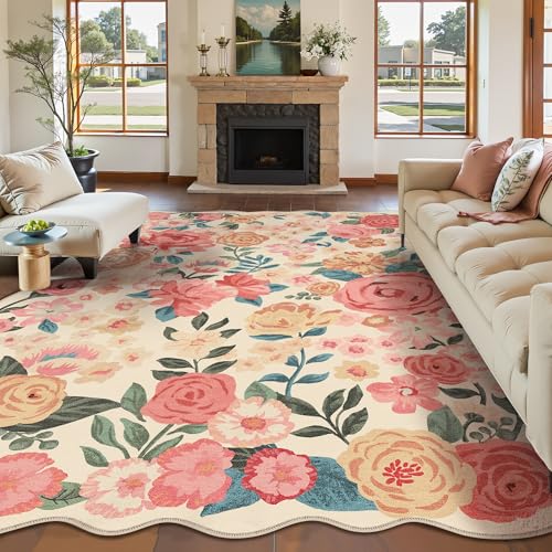 PureCozy Washable Floral Area Rug 6x9 for Living Room Vintage Beige Carpet - color: Scalloped Beige, size: 6' x 9' (Rectangular)