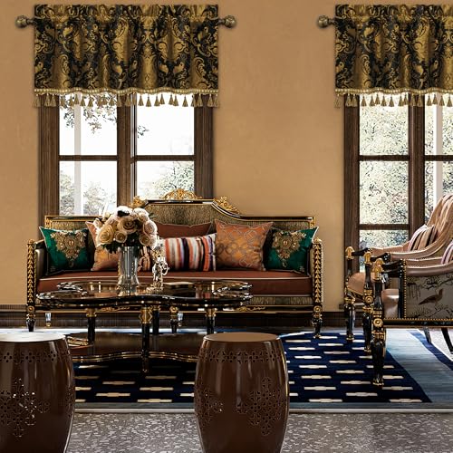 Loom and Mill Classic Chenille Damask Valances for Windows, Black, 54"x18" - color: Florence-black+copper Bronze