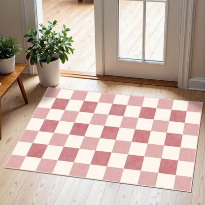 Front Door Mat Outside Entrance - 2x3 Cute Pink White Checkered Rug - color: Checkered - Pink / White, size: 2' x 3' (Rectangular)