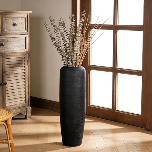 Black Rustic Ceramic Floor Vase, 24 Inch, Ribbed Texture - size: 23.6 Inch