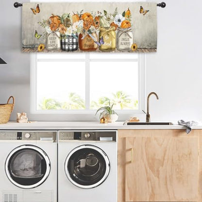 Miyotaa Autumn Fall Pumpkin Flower Kitchen Curtain Valance 54W x 18H Rod Pocket Farmhouse Rustic Harvest Checkered Country Plaid Positive Window Treatment for Living Room Bedroom Bathroom - color: Pumpkin Flower Butterfly, size: 54"W x 18"L (Pack of 1)