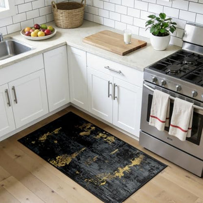 RELEANY Washable 2'x4' Abstract Area Rug for Living Room Black Gold - color: Black/Gold, size: 2' x 4' (Rectangular)