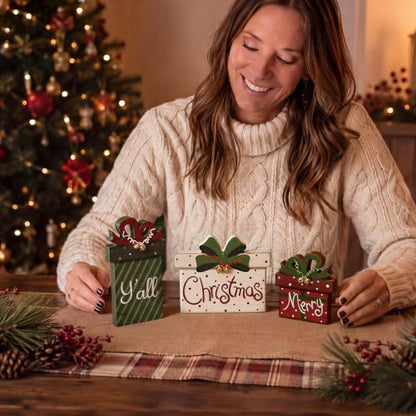 3 Pcs Farmhouse Christmas Table Decoration Rustic Wooden Gift Box Sign - style: Farmhouse