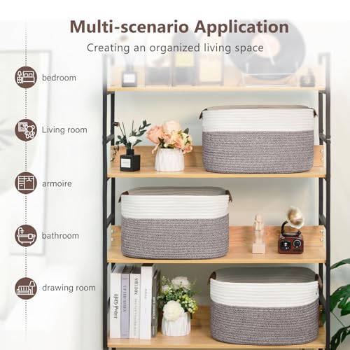 ECDYQXVU 15x10x9 Woven Cotton Rope Storage Basket, Leather Handles 1 Pack - color: White/Brown-1 Pack, size: 1 Pack