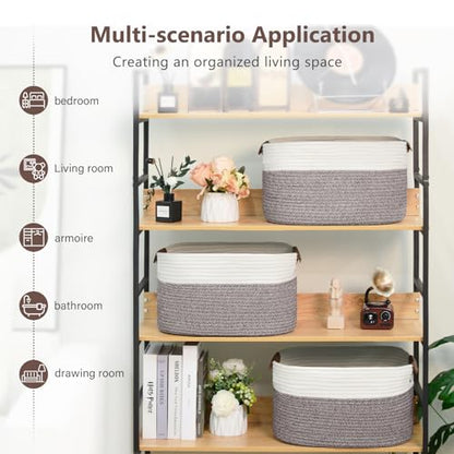 ECDYQXVU 15x10x9 Woven Cotton Rope Storage Basket, Leather Handles 1 Pack - color: White/Brown-1 Pack, size: 1 Pack