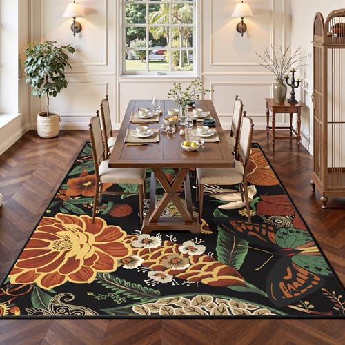 Tyrot Vintage Black Boho Floral Living Room Rug, 5x7 Rug Flat Woven Washable Botanical Butterfly Area Rugs Ultra-Thin Non Slip Low Pile Carpet for Bedroom, Dining Room, Office - color: Mocha Noir, size: 5' x 7' (Rectangular)
