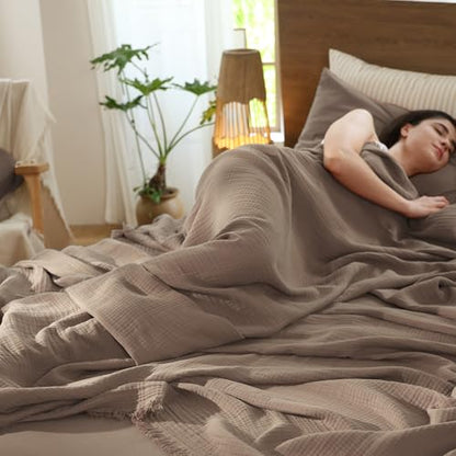 MooMee 100% Cotton Muslin Blanket, Fringed 4-Layer Gauze Bed Couch Throw - color: Brown, size: Twin XL
