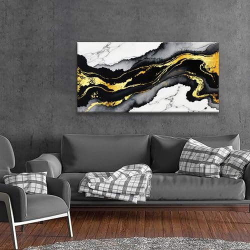 Abstract Black And Gold Wall Art For Living Room Artwork 24x48 Inch - color: white black gold, size: 48"L x 24"W