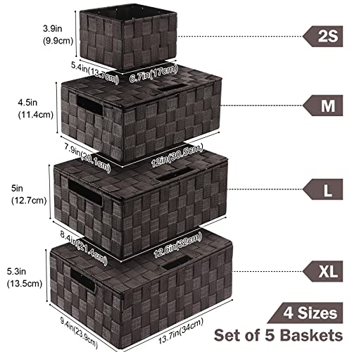 Storage Baskets with Lids: 5 Pack Stackable Woven Storage Bins, Brown - color: Brown, size: 5pack with Lids