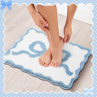 Tinideya Blue Bow Bathroom Rug 16" x 24" Scalloped Bow Bath Mat - color: Blue, size: 16" x 24" (Rectangular)