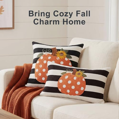 Fall Pillow Covers 20x20 Set of 2, Embroidered Orange Pumpkin - color: Black & White Stripe Pumpkin（appliqué）, size: 20" x 20" (Pack of 2)
