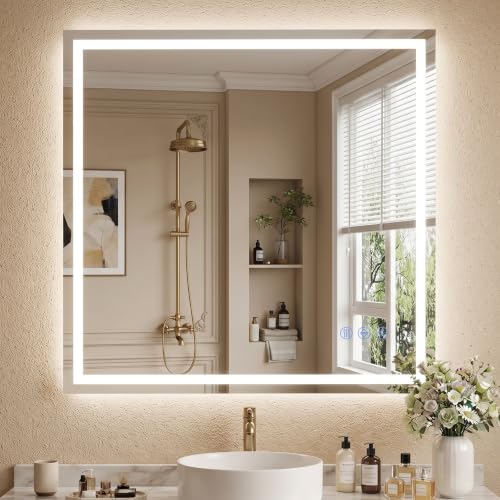 LED Bathroom Mirror 36"x36", Wall-Mounted Vanity Mirrors Front & Backlit Separate Light Control Stepless Dimmable Anti-Fog Memory 3 Color Temperatures Shatter-Proof Tempered Glass - size: 36"L x 36"W
