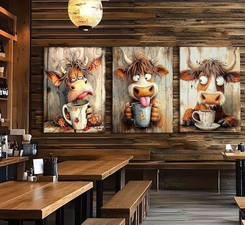3pcs Funny Cow Canvas Wall Art Humor Dreaming Cow Drinking Coffee Wall Decor Pictures Playful Country Farmhouse Animals Posters Prints Paintings for Living Room Bedroom Kids Room Bathroom Decoration - color: Funny Cow, size: 24"L x 16"W-Canvas