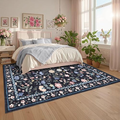 GarveeHome 8x10 Washable Floral Area Rug Living Room Low Pile DarkGreyBlue - color: Dark Grey Blue, size: 8' x 10' (Rectangular)