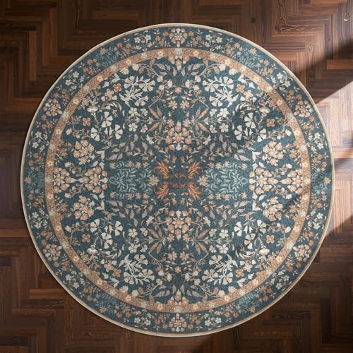 jinchan 4ft Washable Round Area Rug, Soft Floral Non-Slip, Dark Blue - color: Dark Blue, size: 4' (Round)