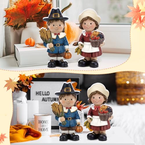 Yuntau 2 Pcs Fall Figurine Decor Wooden Pilgrim Figurines for Thanksgiving - style: Pilgrim