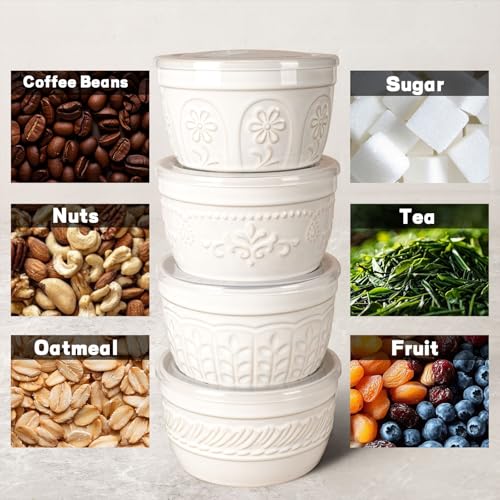 Artena Meal Prep Containers 22 OZ, 4 Pack Snack Containers, Reusable Food Storage Containers With Lids For Soup Yogurt Oatmeal Lunch Breakfast, Ceramic Cereal Bowls (White, Pinwheel Flower) - size: 5.15 inch (Pinwheel Flower, White)