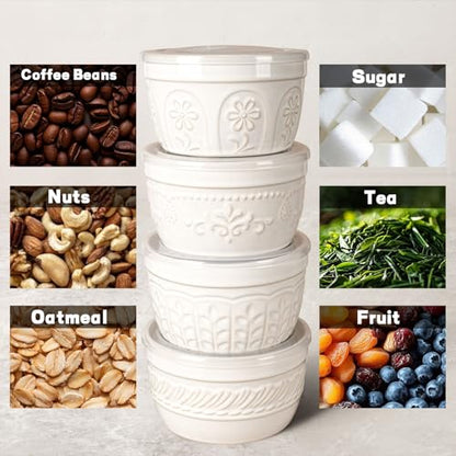 Artena Meal Prep Containers 22 OZ, 4 Pack Snack Containers, Reusable Food Storage Containers With Lids For Soup Yogurt Oatmeal Lunch Breakfast, Ceramic Cereal Bowls (White, Pinwheel Flower) - size: 5.15 inch (Pinwheel Flower, White)