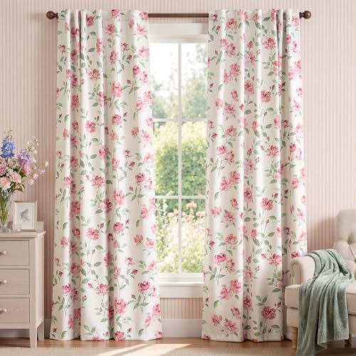 jinchan Pink Floral Blackout Curtains 84 Inch Vintage Rod Pocket 2 Panels - color: Rose, size: 52"W x 84"L (Pack of 2)