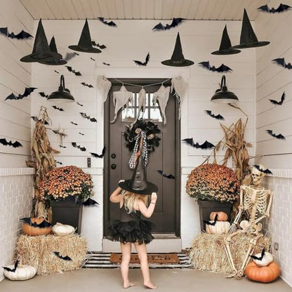 6PCS Halloween Witch Hats 98 FT Nylon Cord 24 Bats for Porch Yard Deco