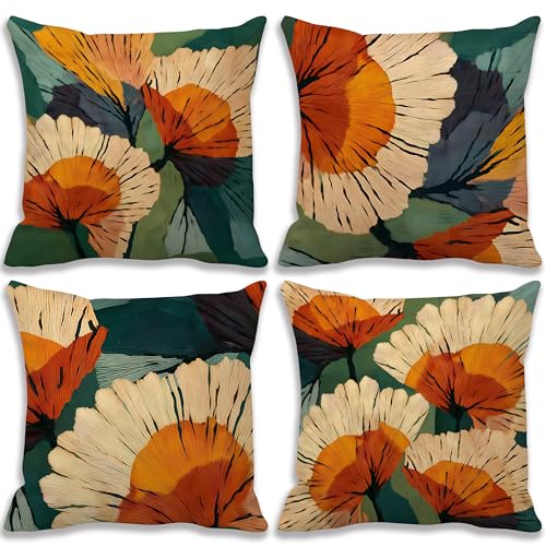 Abstract Botanical Art Floral Throw Pillow Covers 18x18, Mid Century Modern Terracotta and Orange Flower Decorative Pillowcases for Living Room Home Bedroom Set of 4 - color: Green & Orange 5, size: 18" x 18" (Pack of 1)
