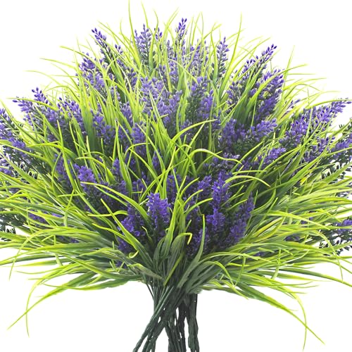 Grunyia 20 Bundles Artificial Plants Outdoor Fake Monkey Grass with Flowers (Purple) - color: Purple