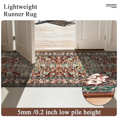 U'Artlines 3' x 18' Boho Hallway Runner Rug, Washable Carpet, Rust＆Teal - color: Rust＆teal, size: 3' x 18' (Runner)