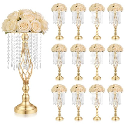 Gold Crystal Tall Vase Centerpiece Stand, Elegant Gold Flower Holder for Wedding Table Centerpieces, Perfect Wedding Reception Table Decor, Bases para Centros de Mesa, Centros de Mesa(12Pack) - size: 12Pack