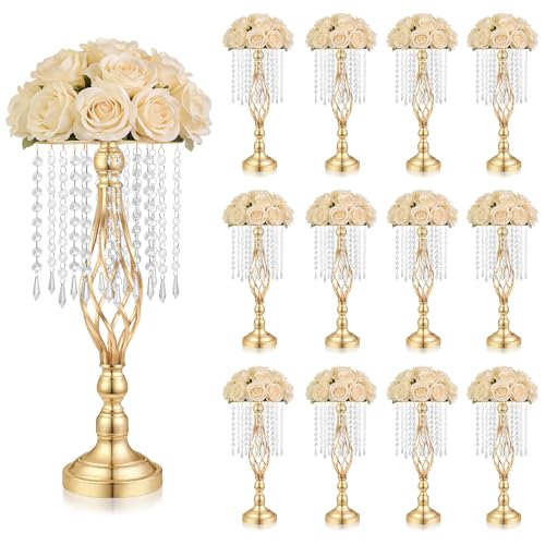 Gold Crystal Tall Vase Centerpiece Stand, Elegant Gold Flower Holder for Wedding Table Centerpieces, Perfect Wedding Reception Table Decor, Bases para Centros de Mesa, Centros de Mesa(12Pack) - size: 12Pack