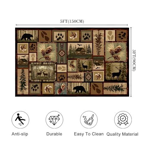 Cabin Bear Rustic Rug 3x5,Deer Country Wildlife Area Carpet - size: 3'x5'
