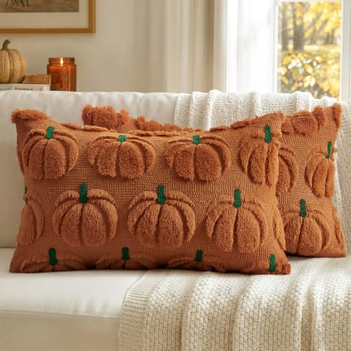 MIULEE Fall Pumpkin Pillow Covers Fall Decor Dark Rust Green Stem 12x20 - color: Dark Rust Green Stem, size: 20" x 12" (Pack of 2)