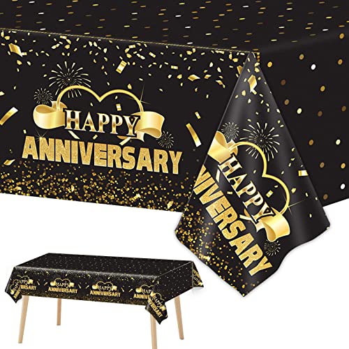 Tevxj 3 Pack Happy Anniversary Tablecloth Disposable Anniversary Party Decorations Black Gold Dot Confetti Table Covers Party Supplies for Rectangle Tables Favors for Guests 54 x 108 Inch - style: Happy Anniversary