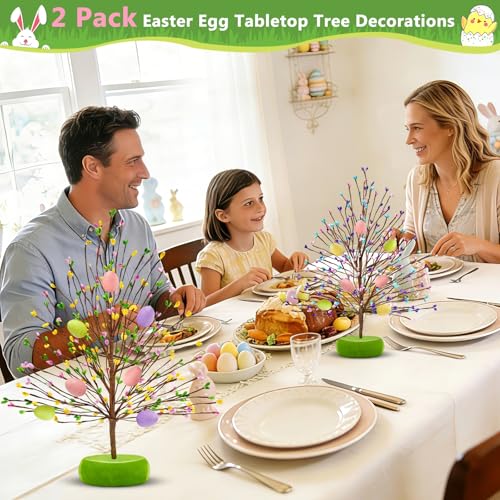 TURNMEON Easter Decorations 2 Pack Easter Tree with 14 Pastel Eggs Ornaments and Floral Berry Blossom, 15'' Tabletop Artificial Tree Easter Decor for Spring Party Table Centerpiece Room Home