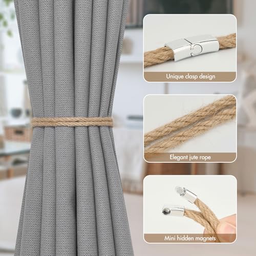 NICEEC 2 Pack Natural Jute Rope Curtain Tiebacks Elegant Boho Style Magnetic Drape Tie Backs Soft Hand-Woven Rope Curtain Holdbacks for Home & Office Drapery (Double Rope-Jute) - color: Double Rope-jute, size: 2 Pack