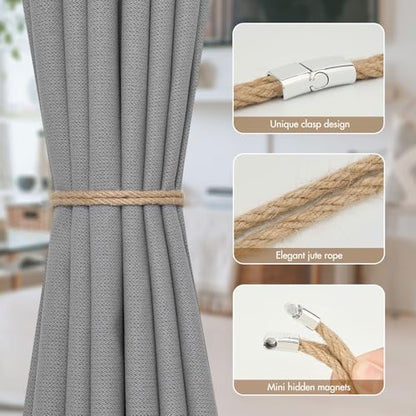 NICEEC 2 Pack Natural Jute Rope Curtain Tiebacks Elegant Boho Style Magnetic Drape Tie Backs Soft Hand-Woven Rope Curtain Holdbacks for Home & Office Drapery (Double Rope-Jute) - color: Double Rope-jute, size: 2 Pack