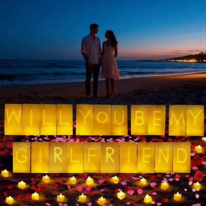 Will You Be My Girlfriend Decorations – Valentine’s Day Surprise Set with Light Up Letters, 30 Tea Light Candles, 2000 Rose Petals, 10 Balloons – Luminary Bags for Romantic Setup - style: Will You Be My Girlfriend