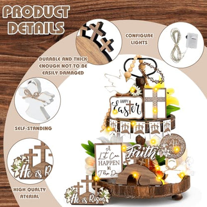 Menkxi 15 Pcs Easter Tiered Tray Decor Set He is Risen Jesus Decoration Christian Cross Wooden Easter Table Sign Rustic Religious Centerpieces Farmhouse Tabletop Decorations for Home Shelf Kitchen - style: Cross
