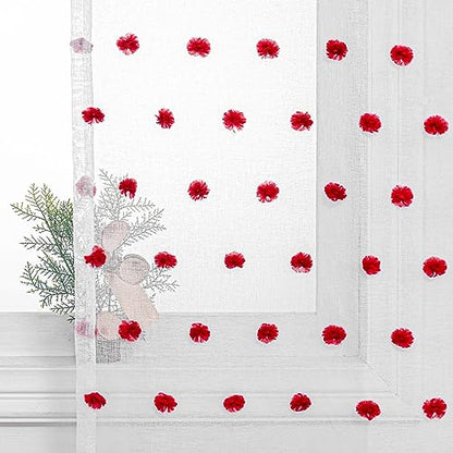 MYSKY HOME Red Pom Pom Curtains for Kitchen Windows 45 Inch Long 2 Panels - color: Red Pom Pom, size: 50"W x 45"L (Pack of 2)