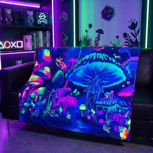 Blacklight Galaxy Mushroom Throw Blankets Glow in the Dark Black Light Fantasy Mushroom Throw UV Reactive Blanket Throw for Bedroom Dorm Decor 59”x51” - color: Astronaut Mushroom