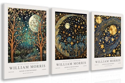 Hianan Wrapped Canvas William Morris Moon Star Wall Art Set of 3, 12x16 in - color: Dark Blue,Gold, size: 16"L x 12"W