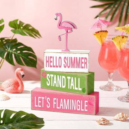 GlikCeil 4 Pcs Summer Wooden Tiered Tray Decorations Pink Flamingo Stack Blocks Table Top Sign Decor Flamingo Summer Wood Centerpieces Farmhouse Rustic Table Decor for Mantle Home Party Supplies - style: Flamingo