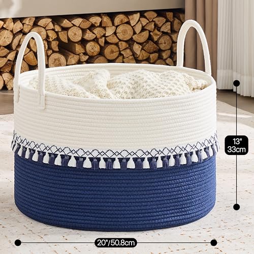KAKAMAY Large Blanket Basket with Handles, Storage Basket for Living Room - color: Blue Fringe