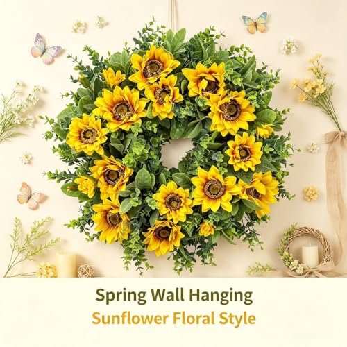 20" Sunflower Wreath, Spring Floral Wreath for Front Door Porch Decor