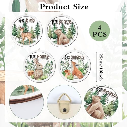 HPNIUB Woodland Nursery Wall Decor, Inspirational Girl Room Hanging Sign, 4 Pieces 10''x10'' Jungle Animals Wooden Decoration for Kids, Cartoon Fox Bear Art Sign for Teens Toddler Boy Baby Playroom - color: Woodland Animals