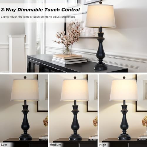 Cinkeda Touch Lamps for Night Stands Set of 2-29.5" Tall Bedside Lamp with USB C+A, 3 Way Dimmable Bedroom Lamps, Black Metal Table Lamps for Living Room - color: Black