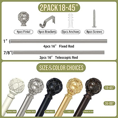 TANGWIN Farmhouse Curtain Rod Adjustable,Heavy Duty Boho,18-45,Silver,2Pack - color: Antique Silver, size: 18-45" & 2pack