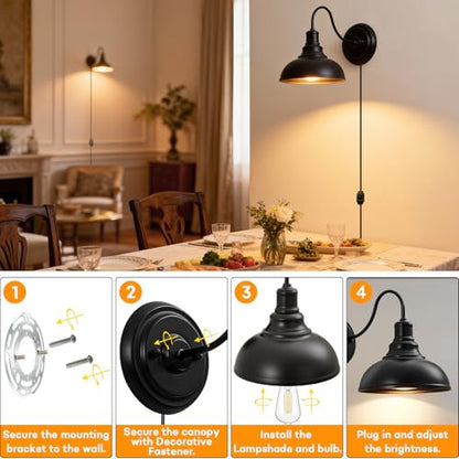 Lightess Plug in Wall Sconces Set of 2, Black Lamp with Cord Dimmer Switch - color: 2 Pack-Black Plug in
